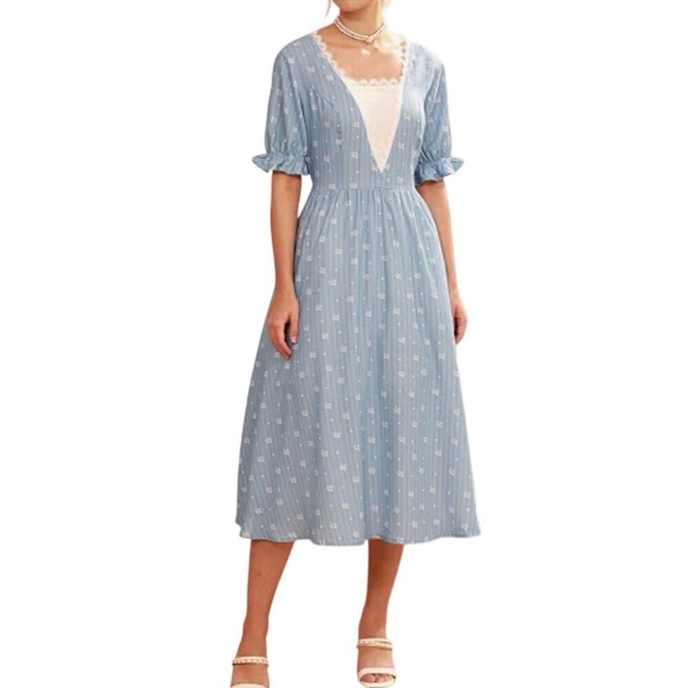Scarlet Darkness Baby Blue Floral Ruffle Sleeve Dress Vintage Inspired Lace-Trim